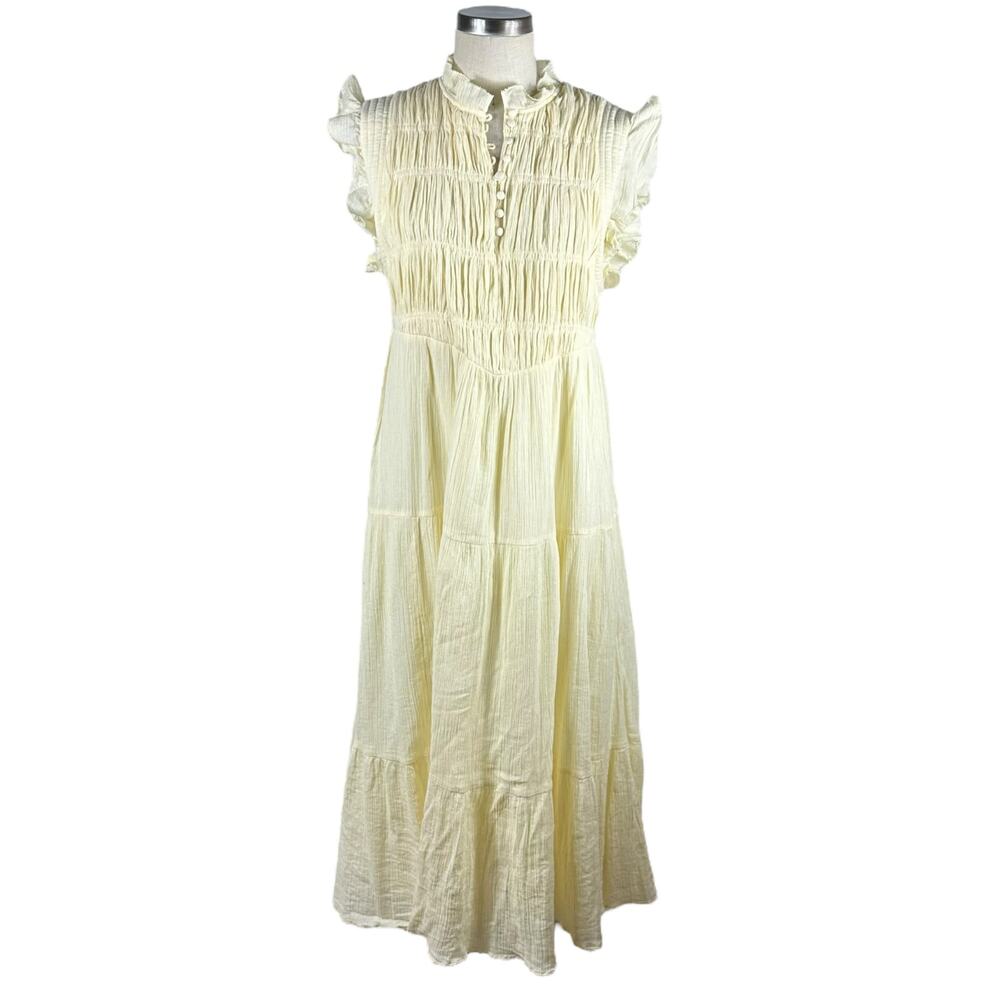 BA&SH Noah Janue Yellow‎ Midi Dress Women's Size 3 Large US 10 Boho Cottage